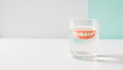 Dentures soaking in a glass of water on a light background  