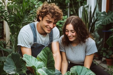 Two Young Adults Smiling Together in a Lush Plant Nursery During Daytime.