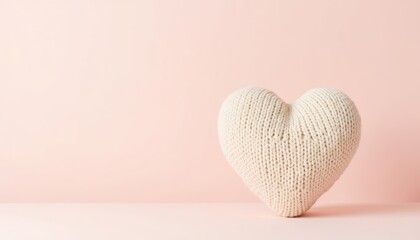 Fototapeta premium Knitted beige heart pillow on pink background 