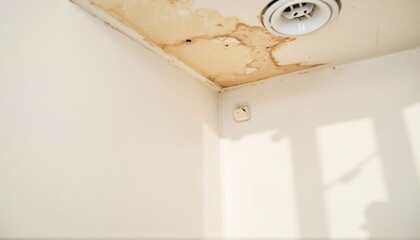 Mold stains on bathroom ceiling with peeling paint and ventilation  