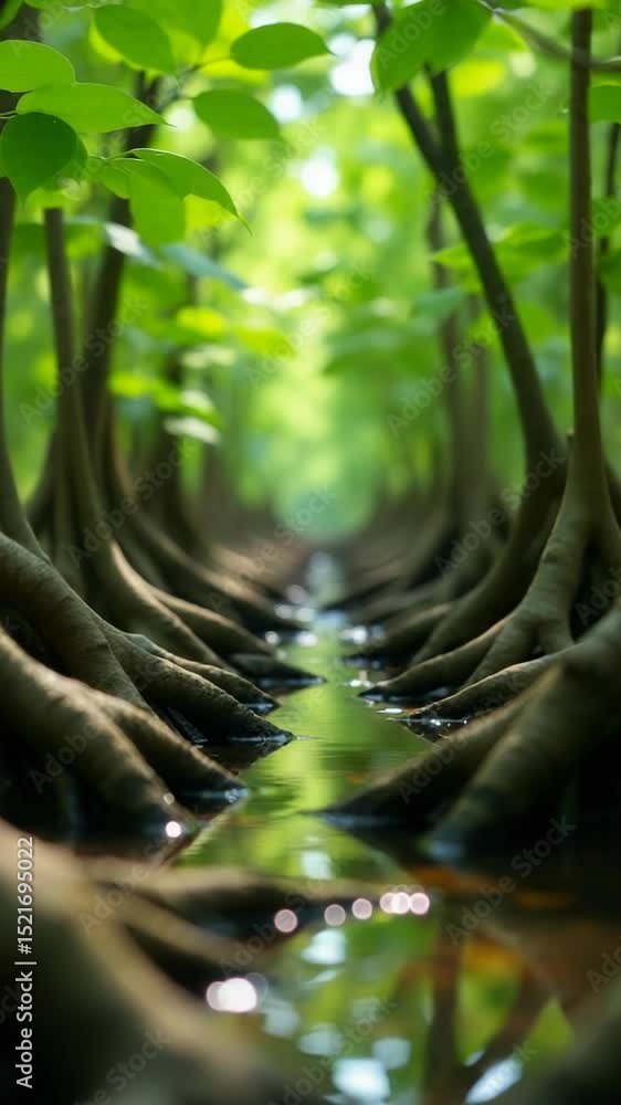 Poster A serene and peaceful scene of a stream running through a dense forest, perfect for use in nature-inspired projects or as a calming background