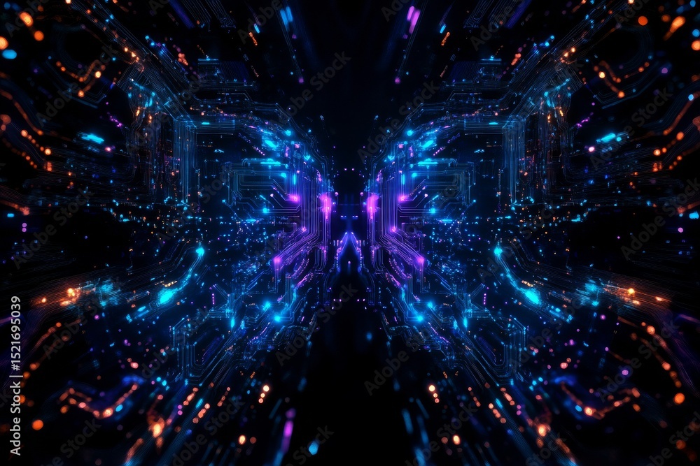 Aufkleber digital abstraction of a colorful cityscape with vibrant light patterns at night.