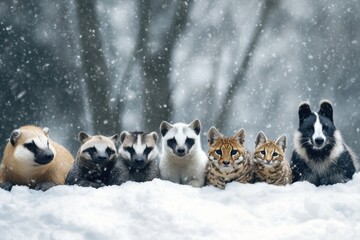 Animals tapir, honey badger, wild dog, serval cat, snow, A tapir, honey badger, wild dog, and serval cat are depicted in a snowy landscape, showcasing their unique features