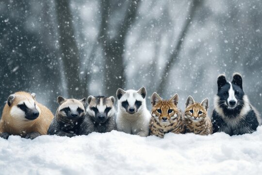 Animals tapir, honey badger, wild dog, serval cat, snow, A tapir, honey badger, wild dog, and serval cat are depicted in a snowy landscape, showcasing their unique features