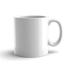 A pristine white ceramic coffee mug casts a soft shadow on a white surface.