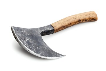 A close-up shot of a curved sickle with a wooden handle, isolated on a white background