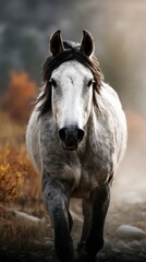 Obraz premium Majestic gray horse walks through autumn landscape under soft light with colorful foliage in the background