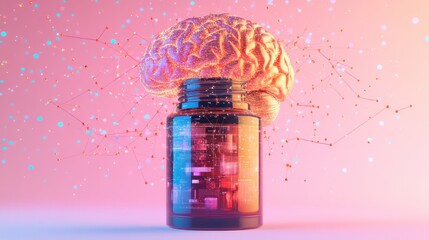 neurocosmetic bottle with layers showing ingredients, neural pathways linking to brain