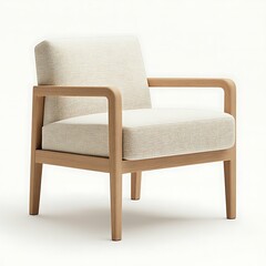 Fototapeta premium A simple, modern chair with a light beige upholstered seat and back, and light oak wood legs and frame