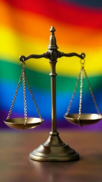 A scale of justice sits on a table with a colorful rainbow visible in the background