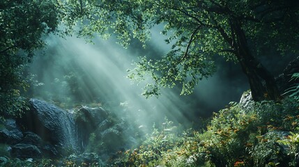 Obraz premium Sunlight streams through a lush forest, illuminating rocks and vegetation.