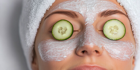 A woman relaxes with a white facial mask and cucumber slices over her eyes. She wears a white towel around her head, emphasizing a serene spa atmosphere.