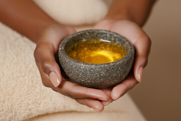 A pair of hands gently cradles a round, textured stone bowl filled with golden oil. The background features a soft beige towel, enhancing the serene setting.