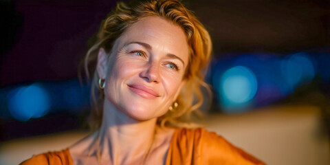 A woman with tousled blonde hair smiles softly, wearing an orange dress. The background features blurred blue lights, creating a warm, inviting ambiance.