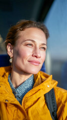 A woman with a serene expression gazes out of a train window, wearing a yellow jacket and a blue patterned shirt, with soft sunlight illuminating her face.