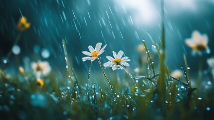 Daisies in the rain, illuminated by sunlight, a fresh natural scenery.
