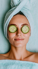 A woman lies on a soft, light blue towel with cucumber slices over her eyes. She has a towel wrapped around her head and a serene expression on her face.