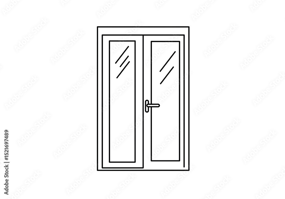 Poster a simple line drawing of a closed double door with a handle and glass panels on a white background
