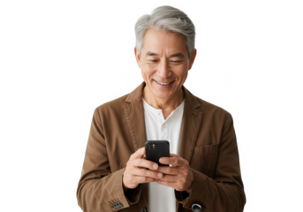 Smiling senior man using smartphone isolated on transparent background