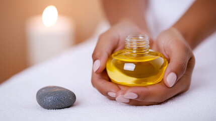 A pair of hands gently cradles a glass bottle of yellow aromatherapy oil. A smooth gray stone and a lit candle are placed on a white towel nearby.