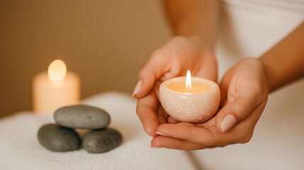 A pair of hands gently cradles a small, round candle, glowing softly. Nearby, smooth gray stones rest on a white towel, enhancing the tranquil ambiance.
