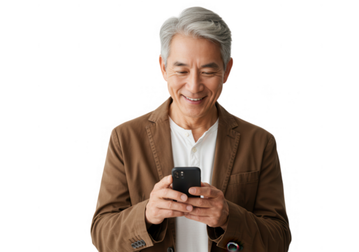 Smiling senior man using smartphone isolated on transparent background - Powered by Adobe