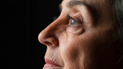 A close-up profile of an elderly woman's face, showcasing deep-set wrinkles, a thoughtful expression, and striking blue eyes, illuminated against a dark background.