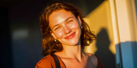 A young woman with wavy, shoulder-length hair smiles warmly, illuminated by golden sunlight. She wears a rust-colored top and hoop earrings, creating a cheerful vibe.