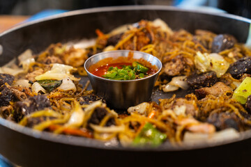stir-fried Korean blood sausage with spicy chili pepper sauce