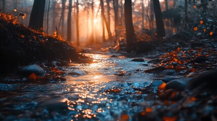 Sunlit stream flowing through autumn forest, casting a golden glow on nature.