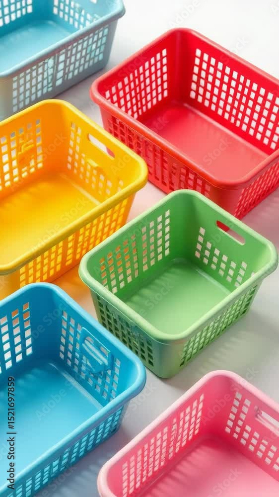 Poster a collection of plastic baskets placed on a table surface