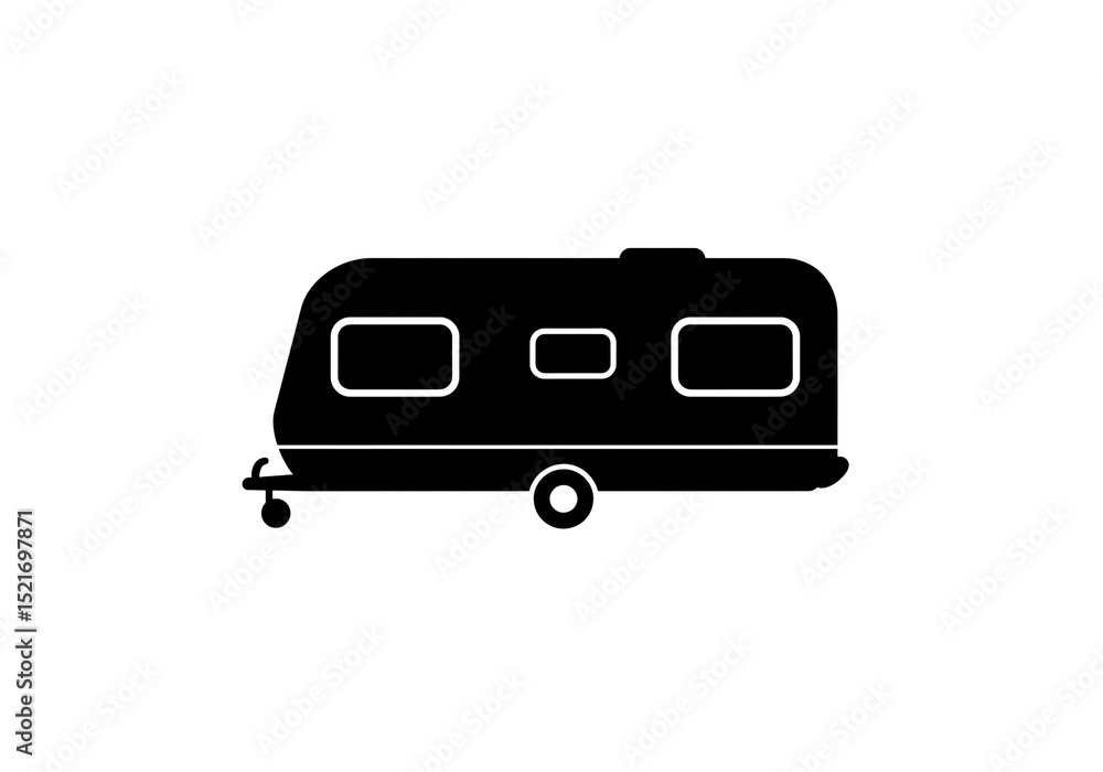 Poster a black silhouette of a camper trailer with rounded windows on a white background in a simple design