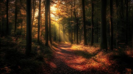 Sunlit path through a dense forest, casting golden rays on fallen leaves.