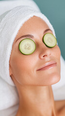 A serene woman lies on a spa bed, wrapped in a white towel, with cucumber slices placed over her eyes. The background features a calming teal color.