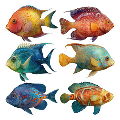 Vibrant tropical fish display.  Six colorful fish,  various  patterns and hues,  aquatic life,  swimming gracefully