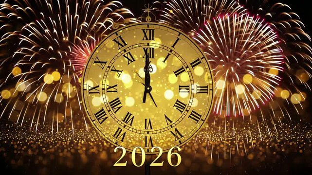 New year's celebration 2026: clock countdown and vibrant fireworks display
