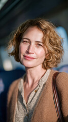 A woman with curly, shoulder-length hair smiles softly while seated on a train. She wears a brown cardigan over a light shirt, with a brown bag resting on her shoulder.