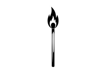 A black and white graphic illustration of a single lit matchstick on a white background design art