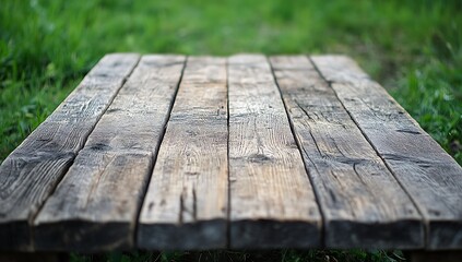 Fototapeta premium Wooden table top with blurred green grass background
