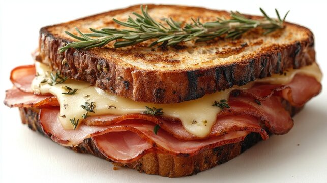 Grilled ham and cheese sandwich with rosemary on toasted artisan bread. For menus, food blogs, or advertising related to homemade cuisine.
