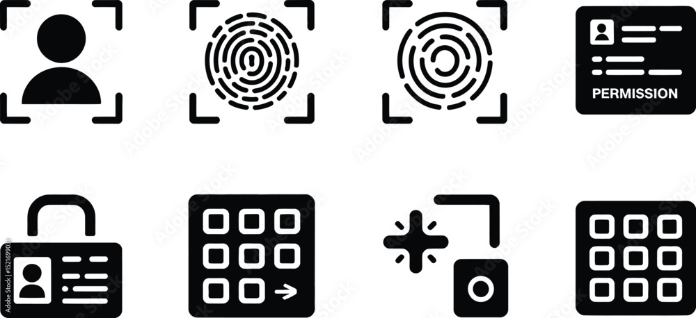 Poster a set of black and white icons depicting security measures and access control on a white background