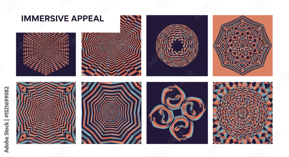 Poster collection of abstract geometric patterns with optical illusion effects and varied color palettes