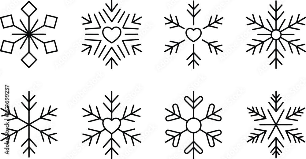 Poster eight snowflakes in a row with different designs including hearts diamonds and simple line variation