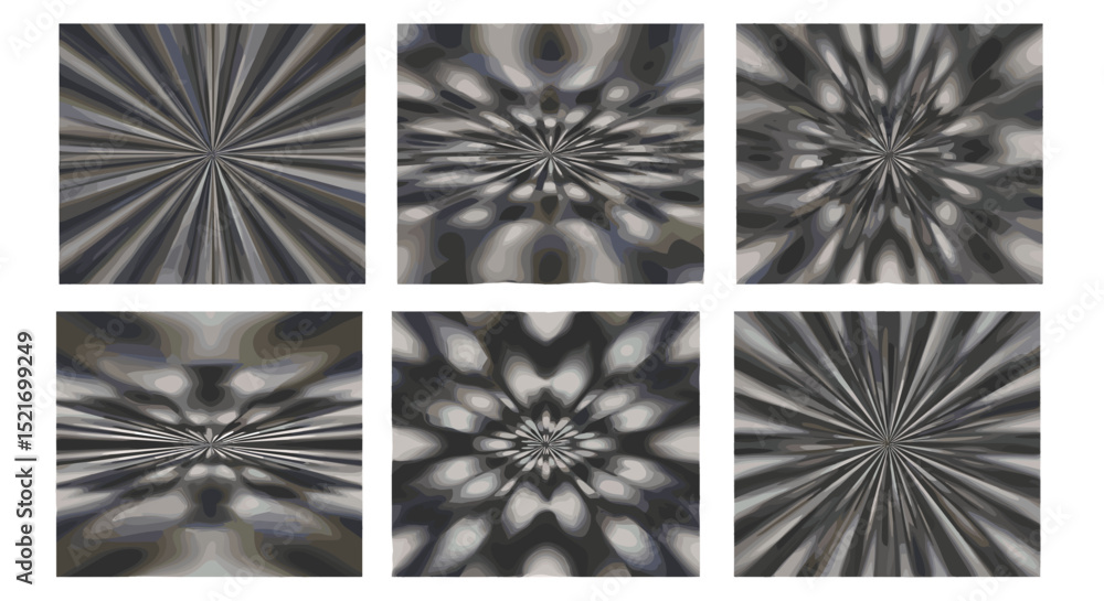 Poster six abstract radial patterns with gray and white hues arranged in a rectangular grid format