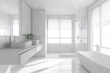 Fototapeta premium Modern white bathroom with freestanding tub and double vanity