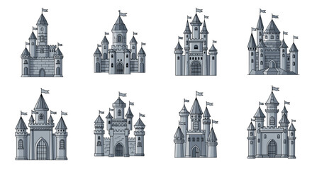 Obraz premium Collection of eight gray cartoon castles with flags on top of the towers in a fantasy setting