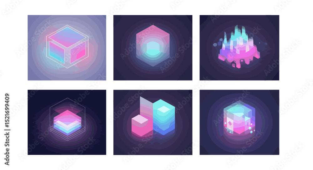 Aufkleber collection of six abstract geometric shapes with neon glow and soft gradient colors on dark backgrou