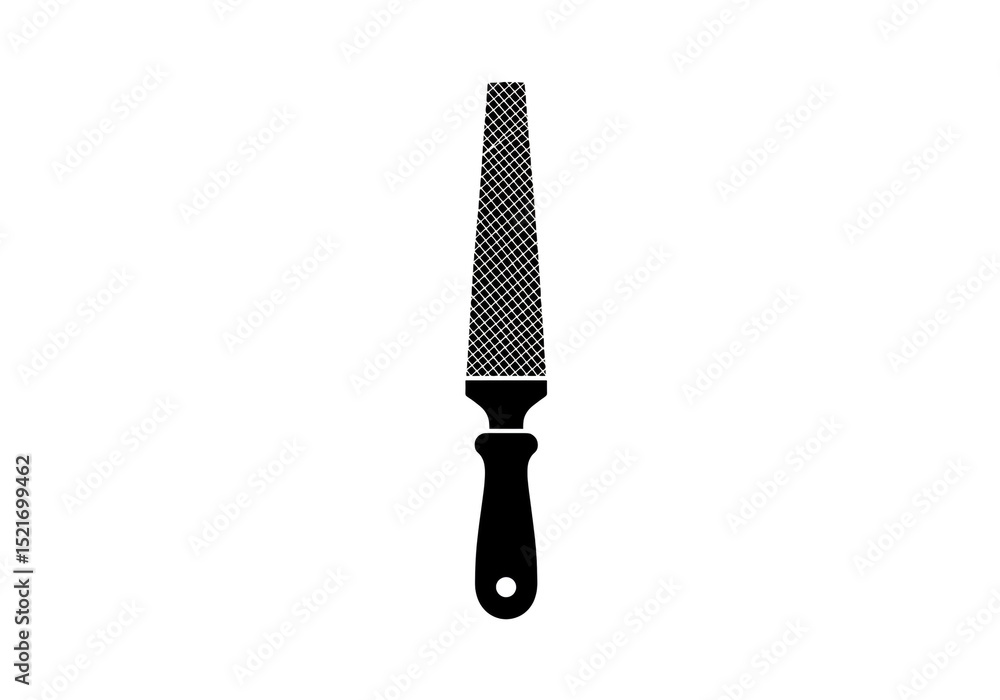 Poster a black and white illustration of a rasp tool with a handle and textured surface on a white backgrou