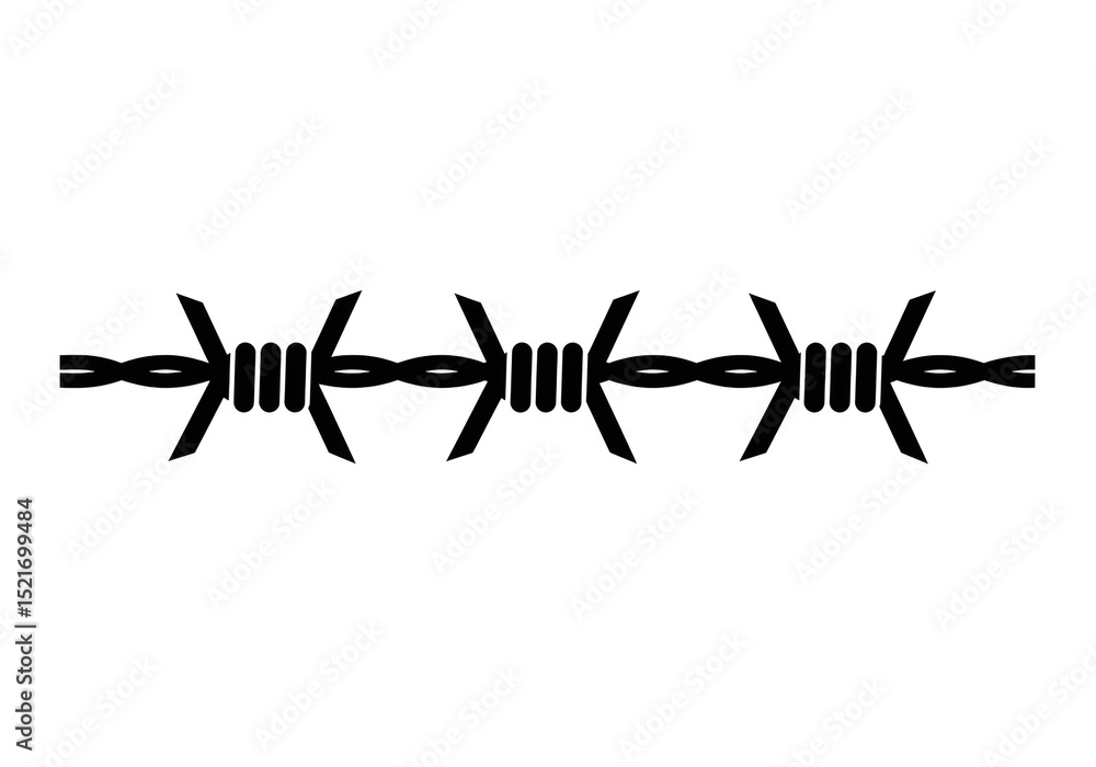 Poster a horizontal black and white image of a barbed wire fence element repeated across the center frame