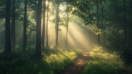 Naklejka premium Sunlight breaking through a misty forest, illuminating a tranquil pathway.
